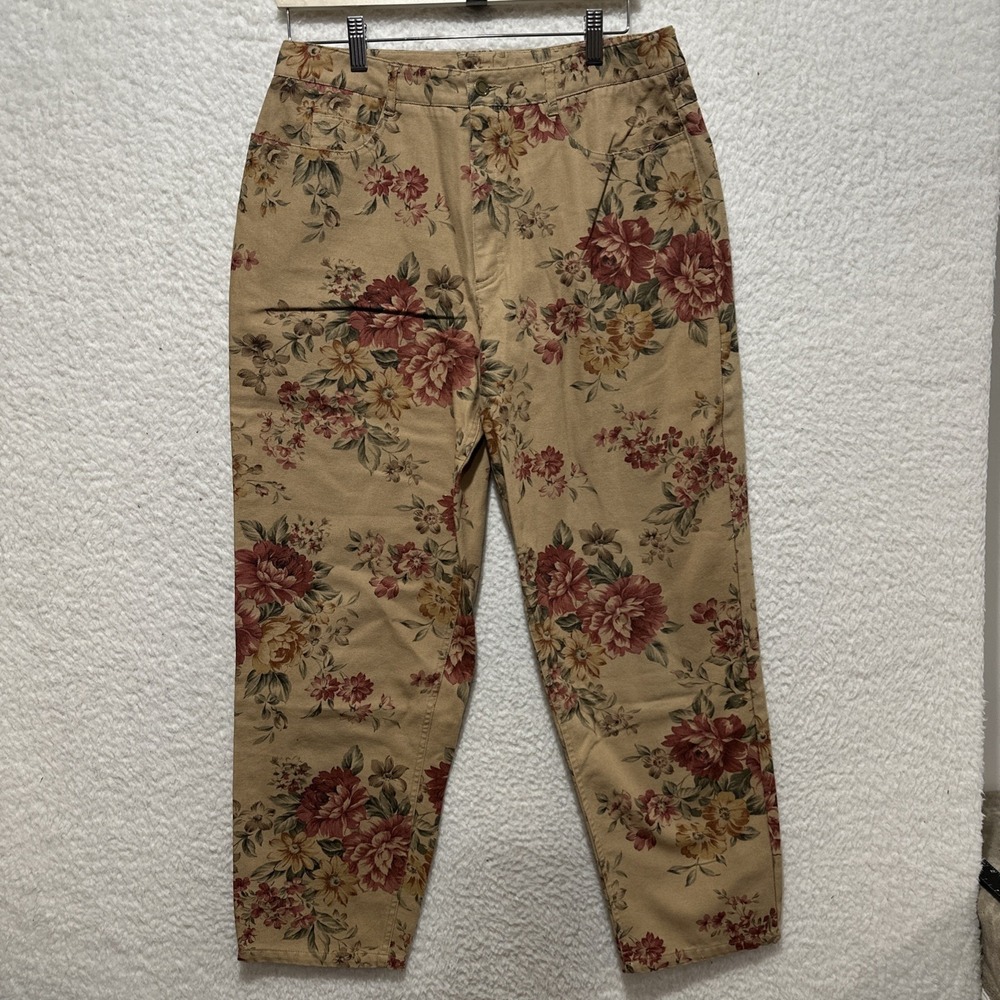 Vintage Talbots Women's Pants Sz 14 Floral Cotton Canvas Multicolor Made In USA